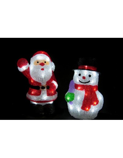 Papai Noel e Boneco de Neve iluminados com luzes brancas