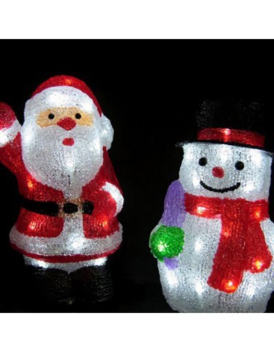 Santa Claus and Snowman lit up with white lights